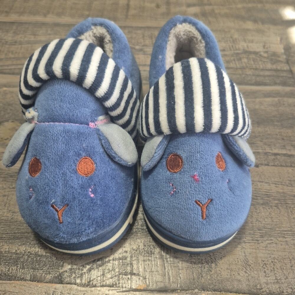 Zuer Sig Toddler Slippers Baby Boy Size 16/17 Blue Slip on Bunnies Bunny Stripes